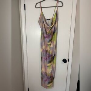 PrettyLittleThing Multi Color Printed Plisse Cowl Neck Maxi Dress